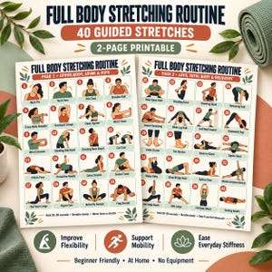 Könnte beinhalten: Ein zweiseitiges, druckbares Diagramm mit dem Titel Full Body Stretching Routine, das 40 nummerierte Illustrationen von Personen bei verschiedenen Dehnübungen zeigt, unterteilt nach Körperregionen, inklusive Anleitungen.