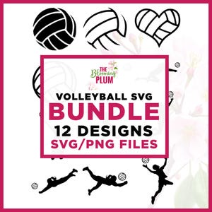 Könnte beinhalten: Ein digitales Design-Bundle mit Volleyball-Themen-SVG- und PNG-Dateien. Das Bild zeigt verschiedene Volleyball-Designs, darunter Bälle und Spieler. Der Text lautet "Volleyball SVG Bundle, 12 Designs, SVG/PNG Files."