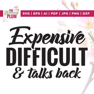 Puede incluir: Diseño digital con el texto "Expensive DIFFICULT & talks back" en negro. Una pancarta rosa en la parte superior indica abreviaturas de formatos de archivo. El logotipo "The Blooming Plum" y elementos florales están presentes.