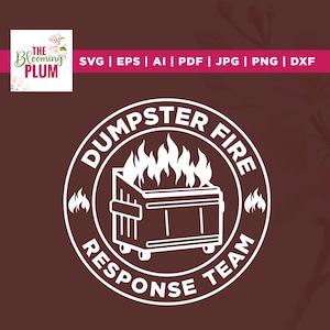 May include: White graphic design on a brown background. The design features a dumpster with flames and the text "DUMPSTER FIRE RESPONSE TEAM" in a circular layout. The Blooming Plum logo is in the upper left corner.