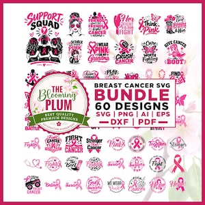 May include: A digital collection of 60 breast cancer awareness graphic designs in pink and black. The bundle includes various illustrations of ribbons, boots, butterflies, and inspirational text phrases like Support Squad and Fight Cancer.