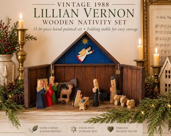 Vintage 1988 Lillian Vernon Wooden Nativity Set Folding Creche Hand Painted 16 Piece Christmas Manger Scene Rustic Holiday Decor