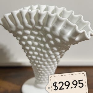 Vintage Fenton White Milk Glass Hobnail Fan Vase Ruffled Edge 6.25 Inch Wide