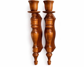 Vintage Wooden Wall Sconces Pair Farmhouse Candle Holders Rustic Colonial Wall Decor Solid Wood