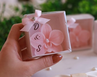 Prezenty z podziękowaniami dla gości weselnych, spersonalizowane świece w kształcie orchidei na ślub, baby shower, prezenty na imprezę