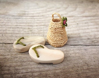 Made to order, Miniature slippers with mini basket, home decor, dollhouse miniature, native art