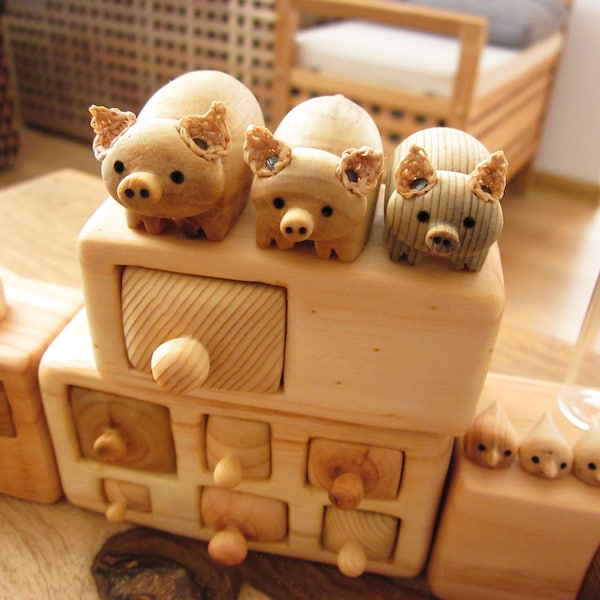 Miniature chest of drawers with pigs, Wood Sculpture, Wood box, Personalized Gifts, one of a kind box, Wood carving, Made to Order