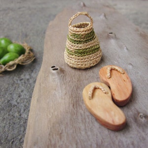 Miniature slippers with mini basket, home decor, native art, dollhouse miniature, fairy house, reclaimed wood image 3