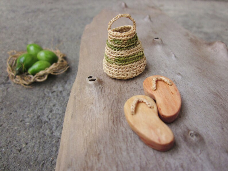 Miniature slippers with mini basket, home decor, native art, dollhouse miniature, fairy house, reclaimed wood image 3