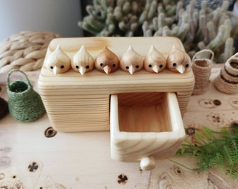 Miniature chest of drawers with flock of birds, Jewlery box, wood carving, sculpture box, wood box, Personalized box