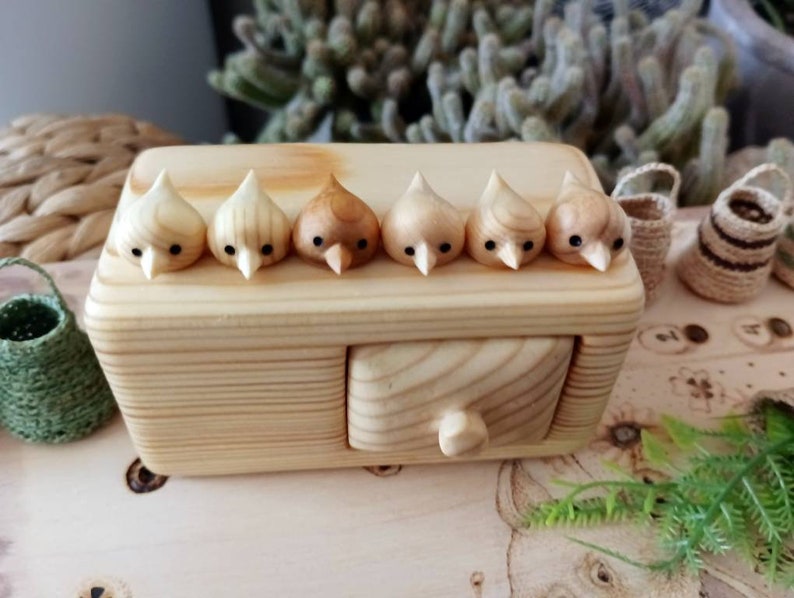 Miniature chest of drawers with flock of birds, Jewlery box, wood carving, sculpture box, wood box, Personalized box image 3