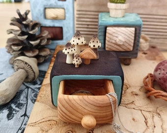 Jewelry box with mushrooms, Miniature wooden box, Engagement ring box, Proposal ring box