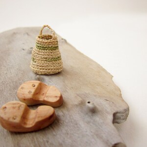 Miniature slippers with mini basket, home decor, native art, dollhouse miniature, fairy house, reclaimed wood image 4