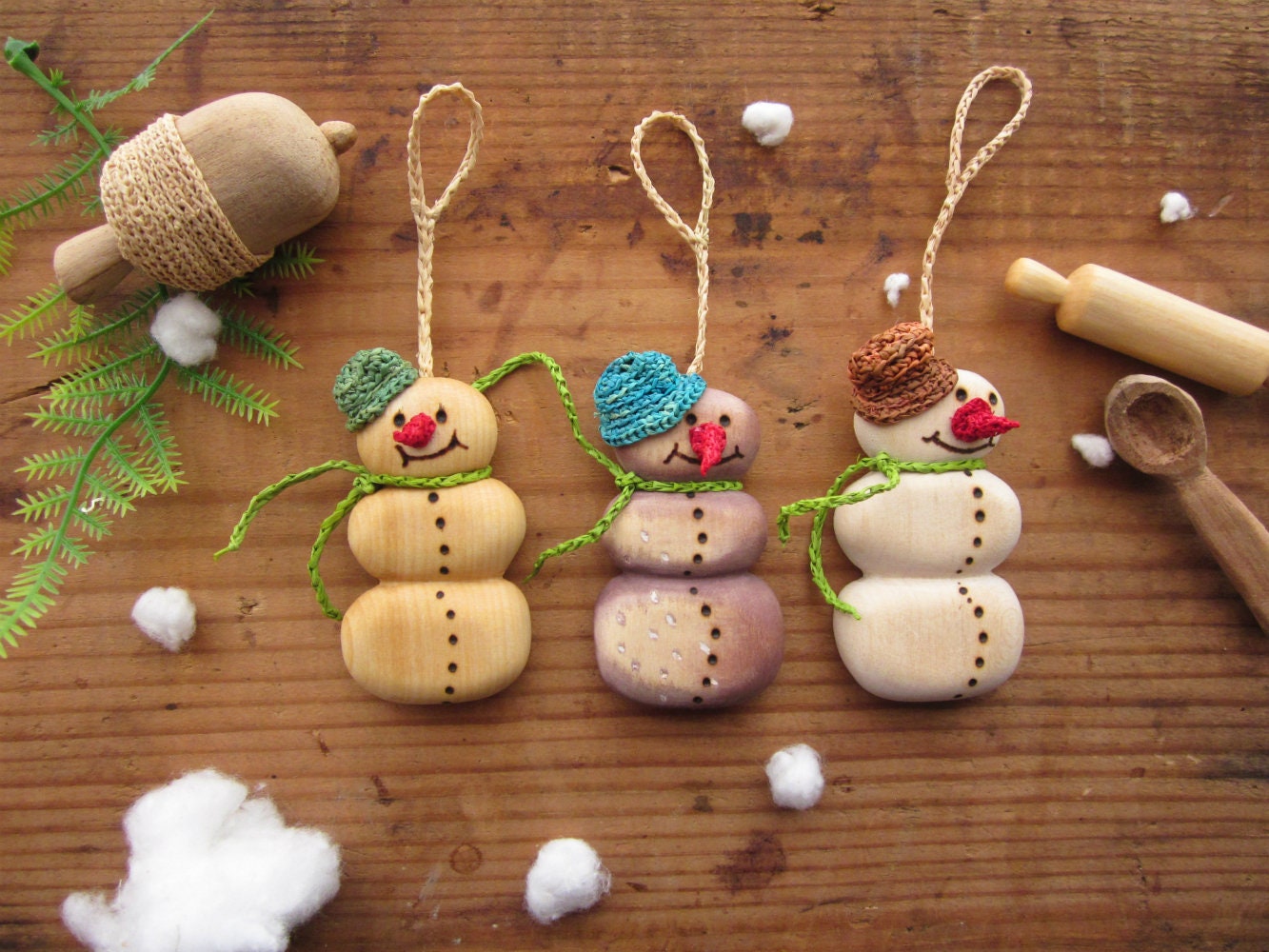 Bonhommes de Neige Sculptés à La Main, Ensemble Trois Ornements Bonhomme Noël, Décoration Noël en Bo