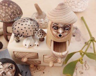 Mushroom figure, Woodland creature, Hand carved wood, Miniature jewelry storage