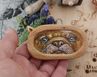 Miniaturhundeporträt Aquarell im handgeschnitztem Rahmen, Hundeporträt, Hundekunst