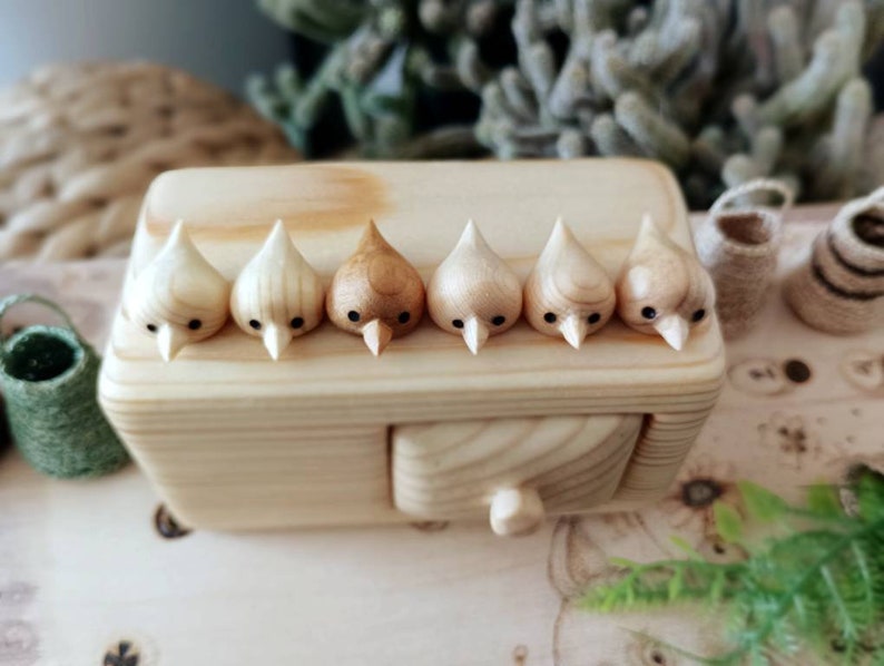 Miniature chest of drawers with flock of birds, Jewlery box, wood carving, sculpture box, wood box, Personalized box image 5