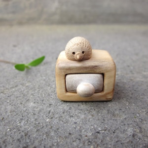 Miniature wooden box with drawer that can fit stud earrings. The box have a cute little hedgehog on the top. The miniature box and the drawer are hand carved from whole piece of wood with no glue used. Completely natural box made of reclaimed wood.