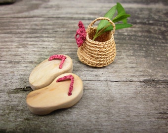 Miniature slippers with mini basket, home decor, native art, dollhouse miniature,  fairy house