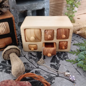 Miniature village shelf, Wooden chest with drawers, wood carving, Wall cabinet with drawers, Rustic home decoration, Made to order