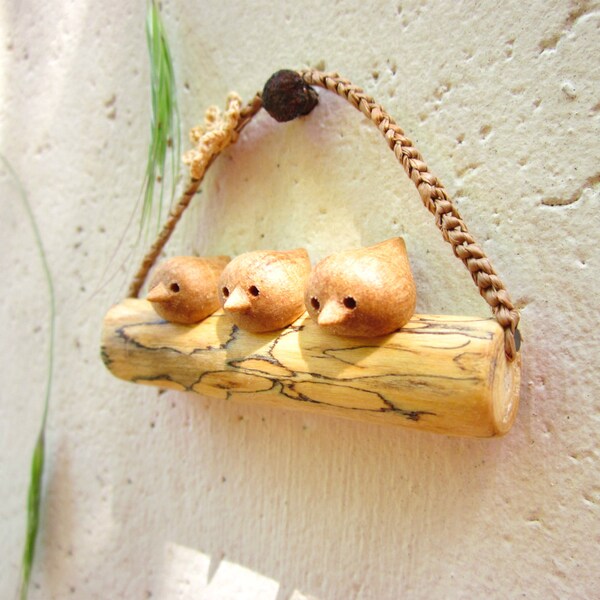 Miniature twig with birds family, miniature sculpture, wall decoration, unique wood carving, wall art, reclamed wood aer