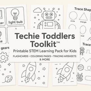 May include: Black and white printable worksheets for children featuring tech-themed illustrations. The worksheets include tracing shapes, lines, and gears. The title of the pack is "Techie Toddlers Toolkit".