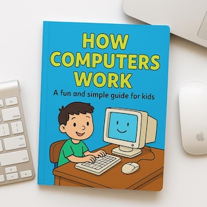 Può includere: Un libro blu con il titolo "How Computers Work" in lettere gialle. Il libro ha un'illustrazione di un bambino seduto a una scrivania di computer. Il testo sotto il titolo dice "A fun and simple guide for kids."