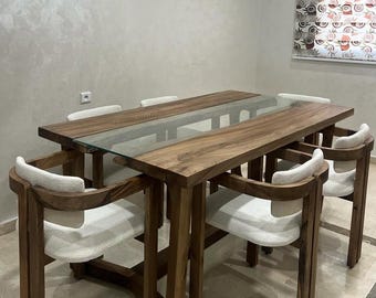 Matbord i valnötsträ och glasskiva, 180 cm, modernt matbordsset med 4 eller 6 stoppade stolar, lyxigt handgjort köksmöbelset