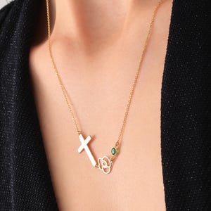 Birthstone Birthflower Cross Necklace – Personalized Gift for Her – Gold Silver Rose Gold – Christian Jewelry – 12&quot; to 24&quot;