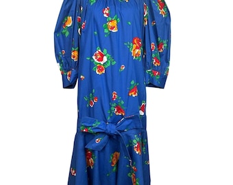 Saint Laurent 1980's Vintage Blue Cotton Floral Drop Waist Day Dress