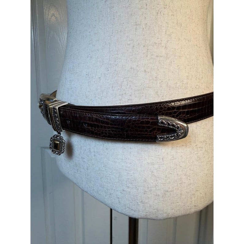 Brighton Brown Crocodile Embossed Leather Belt Silver Gold Ornate XL 36 image 3