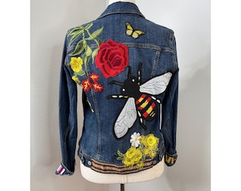Two Tequilla Sisters Embroidered Denim Jacket M Flowers Bee Design Jean Jacket