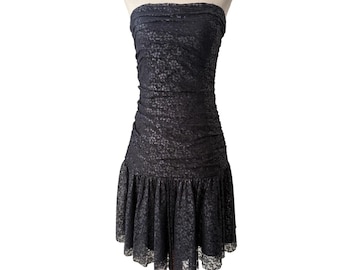 Betsey Johnson Vintage Strapless Dress Black Lace Ruched Bodycon Party Mini 8