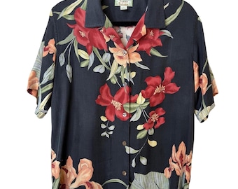 Tommy Bahama Silk Floral Button Up Short Sleeve Blouse Top Black S