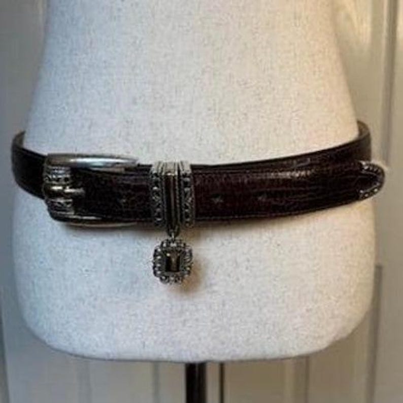Brighton Brown Crocodile Embossed Leather Belt Silver Gold Ornate XL 36 image 1