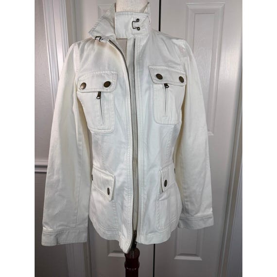 Lauren Ralph Lauren, Lauren Ralph Lauren White Denim Utility Jacket Petite Medium Quilted Elbow Patch