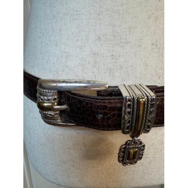 Brighton Brown Crocodile Embossed Leather Belt Silver Gold Ornate XL 36 image 2