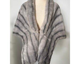 Vintage Faux Fur Stole Wrap Silver Grey Striped Shawl Bow Detail Lined OS
