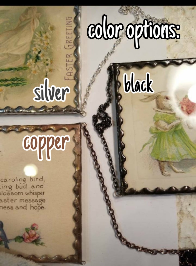 May include: Three framed vintage postcards with different colored frames: silver, copper, and black. The text on the postcards reads "Easter Greeting" and "caroling bird, singing bud and blossom whisper Easter message of mess and hope."