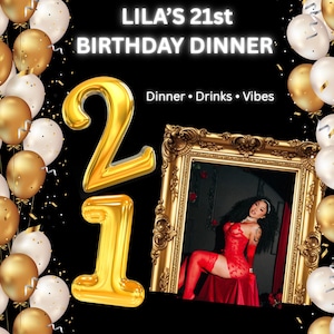 21st Birthday Invitation for Her | Gold Balloons | Glam Dinner Party Canva Template | Editable Black & Gold Invite