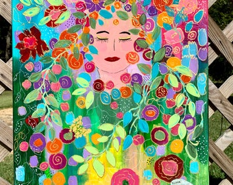 Lady Acrylic Painting, Collage, floral, lady on Canvas, Home Decor hand painted wall art