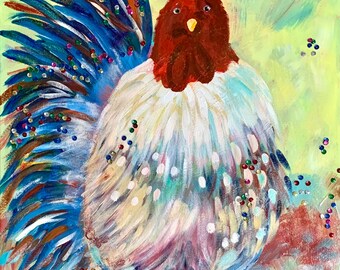 Acrylic Painting, home decor, chicken, canvas, mixed media