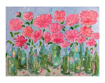 Flower Acrylic Painting On Canvas, Floral, 24 x 18 home decor hand painted bottlescape art