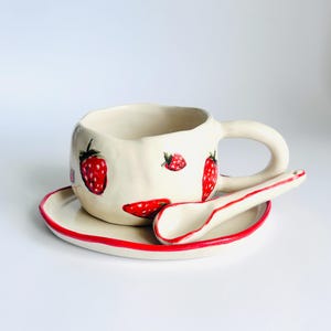 Handmade Strawberry Coffee Mug Set | 200-300ml Hand-Painted Lemon Teacup Set with Saucer and Spoon
