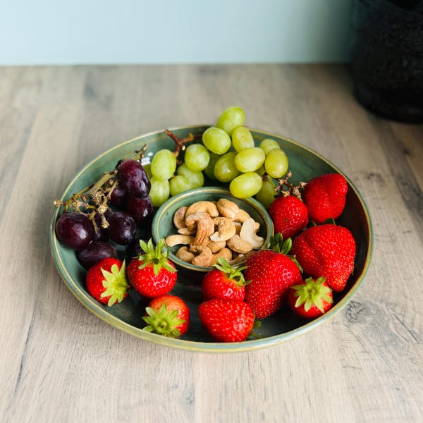 Chip and Dip Snack Bowl | Handmade Serving Platter | Ceramic Appetizer and Condiment Sharing Dish