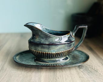 Vintage-Style Ceramic Gravy Boat with Saucer | 300ml Handmade Serving Jug