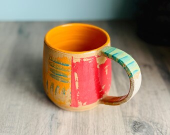 Rustic Ceramic Mug | Colourful Abstract Pottery Cup | Handmade Stoneware Coffee Mug | Distressed Artisan Drinkware