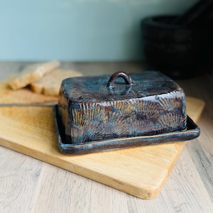 Handmade Rectangular Ceramic Butter Dish with Lid | Patterned Pottery Butter Keeper in Multiple Colours