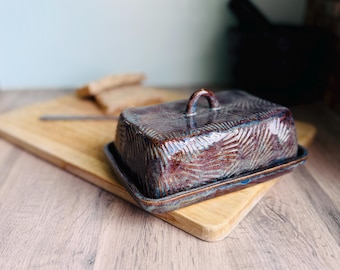 Handmade Rectangular Ceramic Butter Dish with Lid | Patterned Pottery Butter Keeper in Multiple Colours