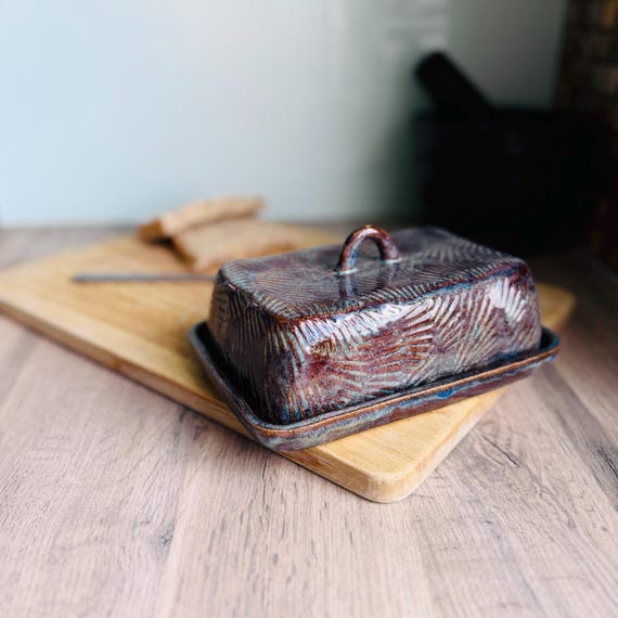 Handmade Rectangular Ceramic Butter Dish with Lid | Patterned Pottery Butter Keeper in Multiple Colours